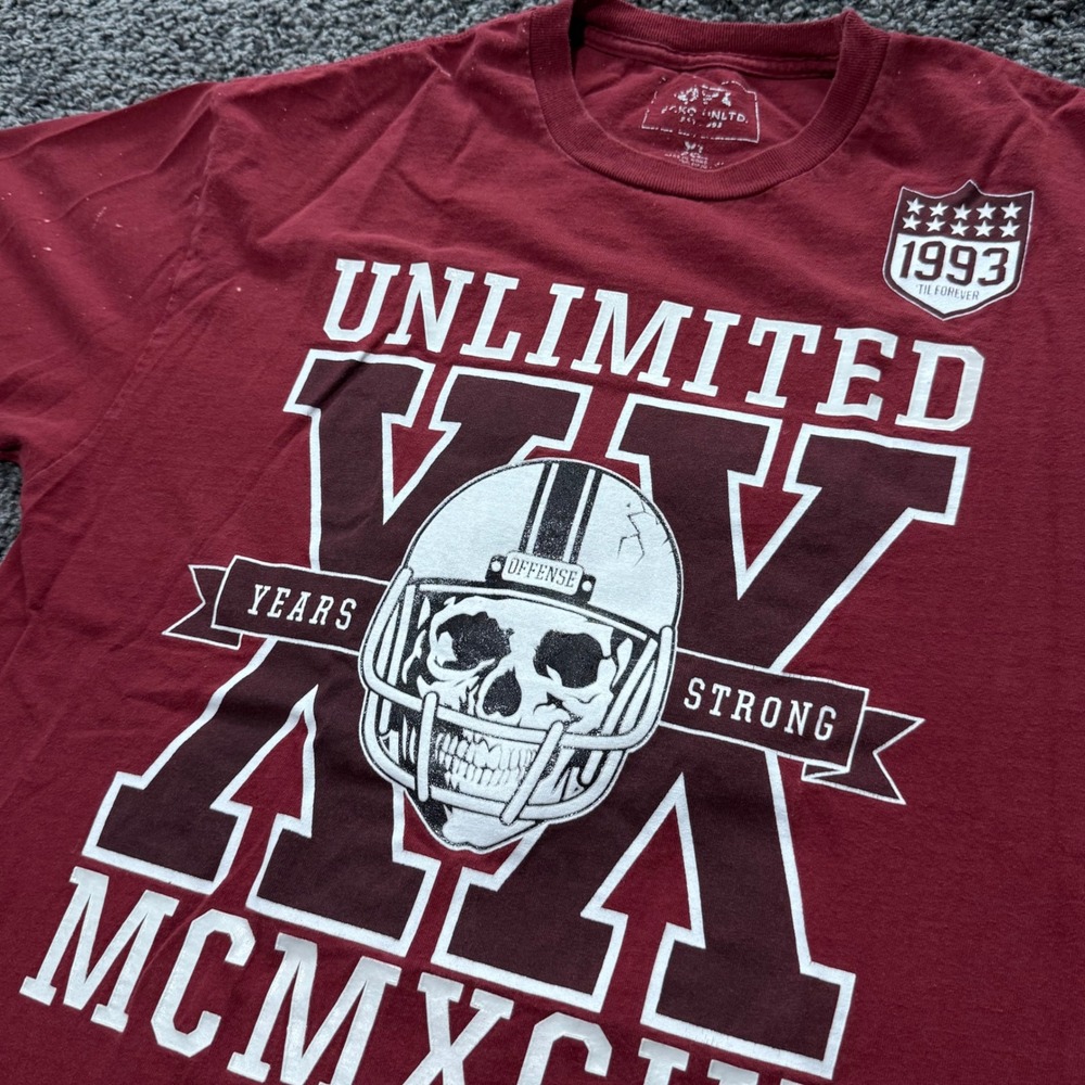 Vintage Ecko Unltd Graphic Tee Mens Burgundy Good Skull Football MCMXCIII XL